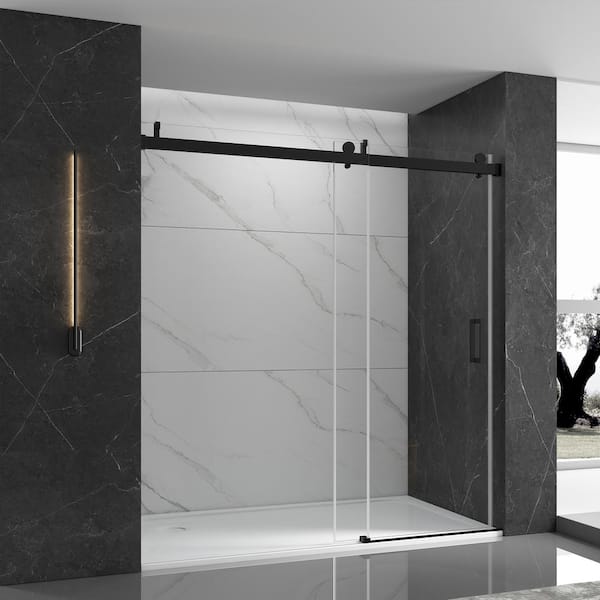 EPOWP 72 in. W x 76 in. H Single Sliding Frameless Shower Door in Matte Black Finish with Clear Glass