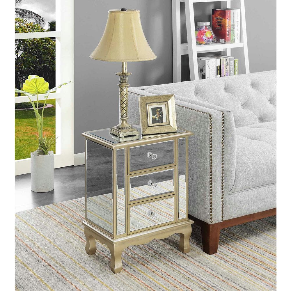 Gold Coast White Wood Mirrored Glass 3-Drawer End Table