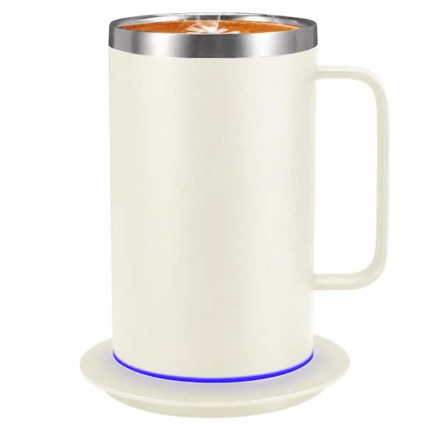 17 oz White Stainless Steel Heated Coffee Mug with USB Mug Warmer, Ergonomic Handle, Leak-Proof Lid, 1 Piece