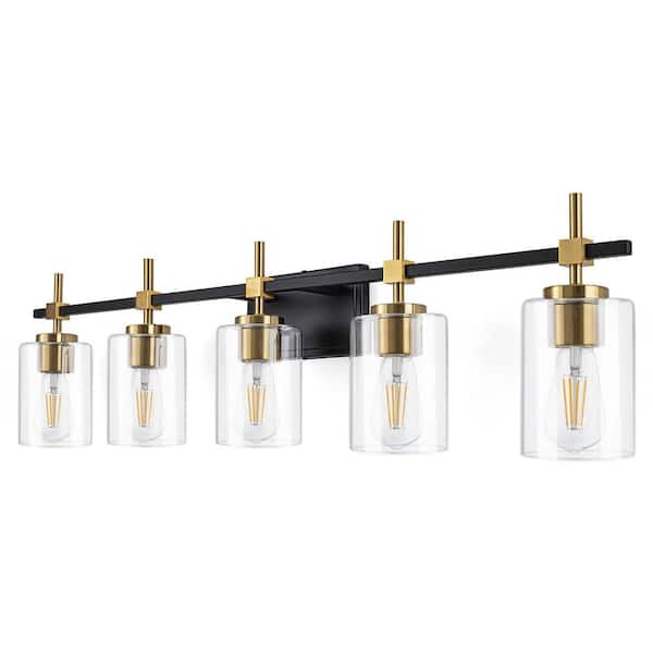 37.5 in. 5 Light Matt Black Paint/Gold Plating Vanity Light with Clear Glass Shade
