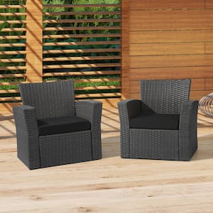 FadingFree (Set of 2) 20 in. x 19.5 in. x 4 in. Outdoor Patio Thick Square Lounge Chair Seat Cushions with Ties in Black