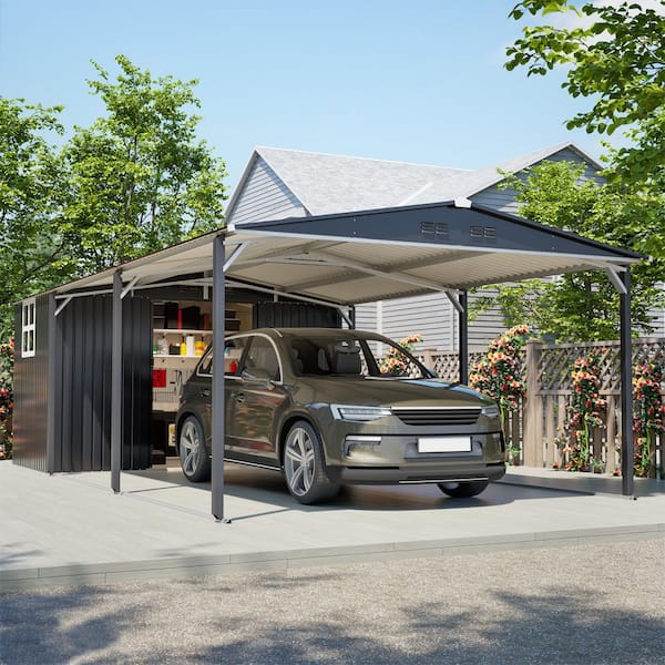 12 ft. W x 23 ft. D x 6 ft. H Gray Metal Heavy Duty Carport Storage Shed with Sliding Door for Car Boat Tractor Farm