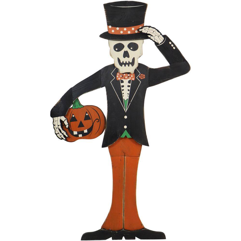 46" Painted Skeleton Holding Pumpkin Wooden Yard Stake