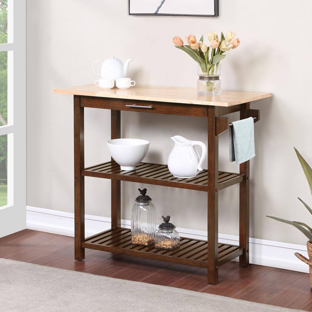 Espresso Solid Wood 3-Tier Butcher Block Kitchen Island with Storage