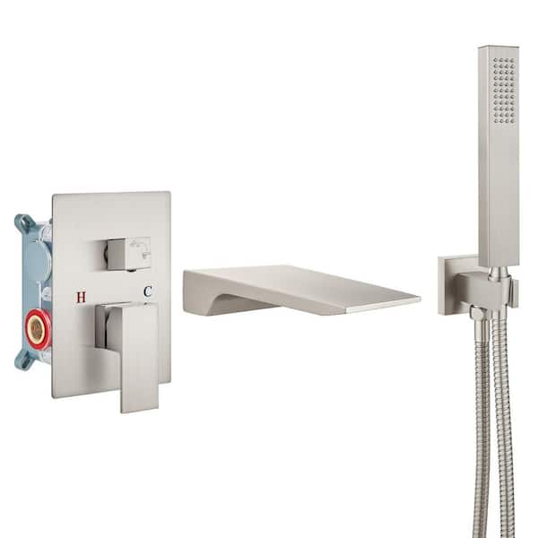 Unbranded Single-Handle Wall Mount Roman Tub Faucet with Hand Shower and Waterfall in Brushed Nickel