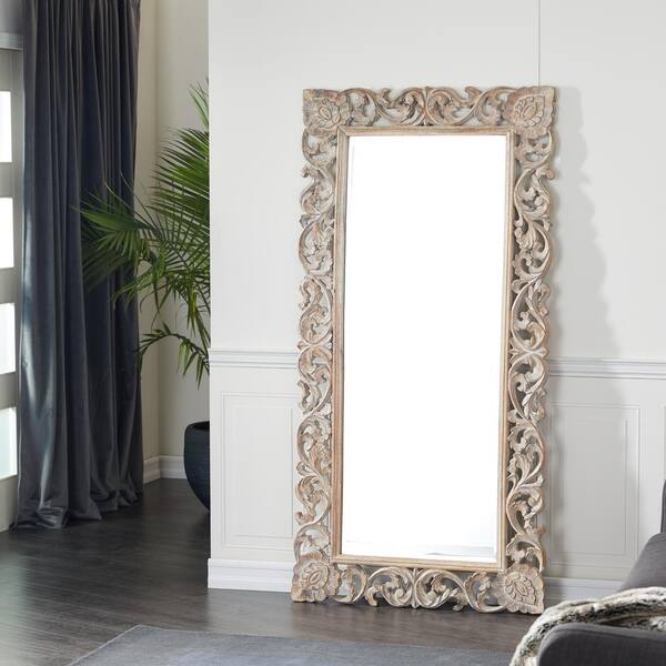 Litton Lane Full Length Rectangular Distressed Grey Wood Carved Frame Wall Mirror 36 X 72 23702 The Home Depot Litton Lane Full Length Rectangular, Full Length Wooden Wall Mirror