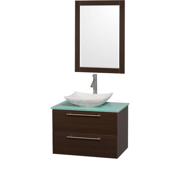 Wyndham Collection Amare 30 in. Vanity in Espresso with Glass Vanity Top in Green, Marble Sink and 24 in. Mirror