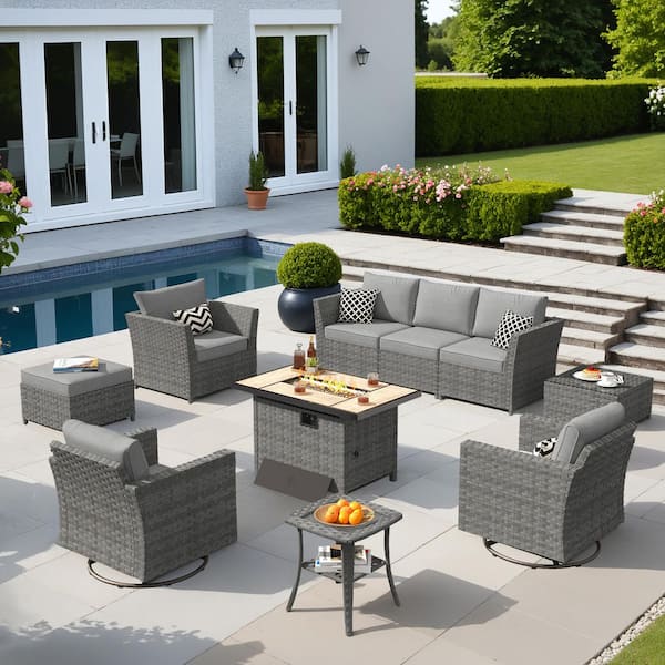 OVIOS Bexley Gray 10-Piece Wicker Rectangle Fire Pit Patio Conversation Set with Dark Gray Cushions and Swivel Chairs