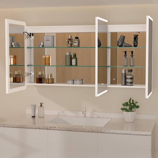 Aura 60 in. W x 32 in. H Large Rectangular Aluminum Recessed/Surface Mount Dimmable Medicine Cabinet with Mirror