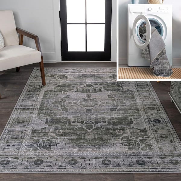 Alanya Ornate Medallion Machine-Washable Dark Green/Gray 8 ft. x 10 ft. Area Rug
