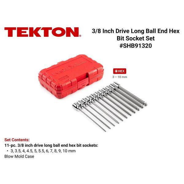 3/8 Inch Drive Long Ball End Hex Bit Socket Set with Case, 11-Piece (3-10 mm)