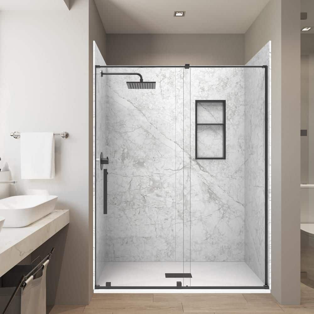 Botti. Gray 32in. x 60in. x 84in. Combo Solid Composite Stone Alcove Shower Kit Matching Black Matte Door, Niche & Drain price history on PriceWatchPro