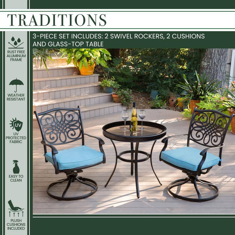 Elegant Traditions 3-Piece Cast Aluminum Swivel Bistro Set with Blue Cushions