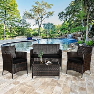 4-Pieces Patio Rattan Conversation Furniture Set Outdoor with Black Cushion
