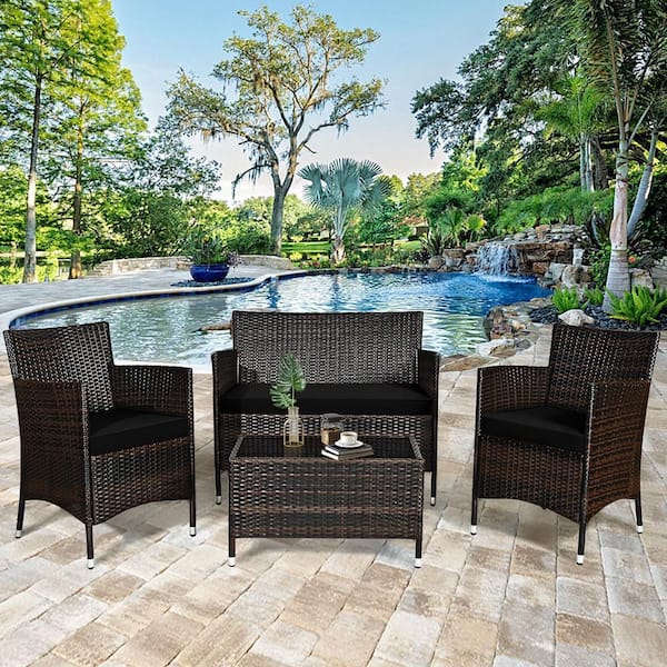 4-Piece Wicker Patio Conversation Set Outdoor Rattan Furniture Set with Black Cushions