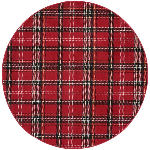 Nourison Grafix Red 5 ft. x 5 ft. Geometric Plaid Contemporary Round Rug