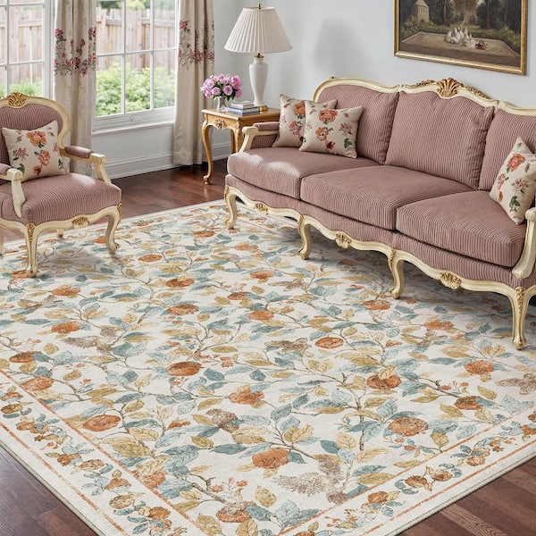 Pomegranate 5 ft. X 7 ft. Beige Floral Area Rug
