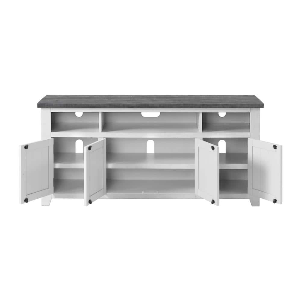 Rustic Farmhouse 65" Solid Pine TV Stand with Cabinet, White Stain and Grey