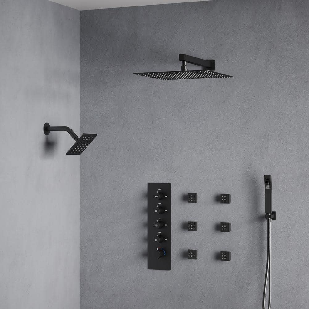 Matte Black Dual Shower Head System with Thermostatic Valve and Body Jets