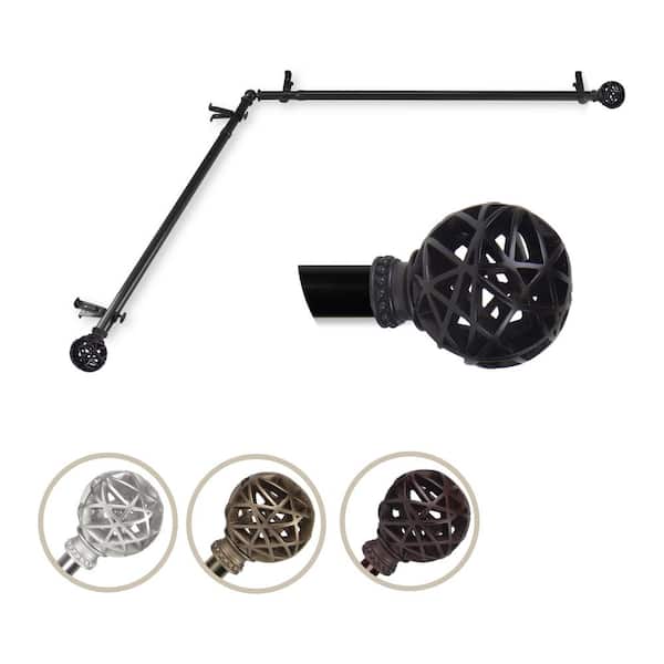 EMOH 13/16" Dia Adjustable Corner Window Single Curtain Rod 66 to 120" (each side) in Black with London Finials