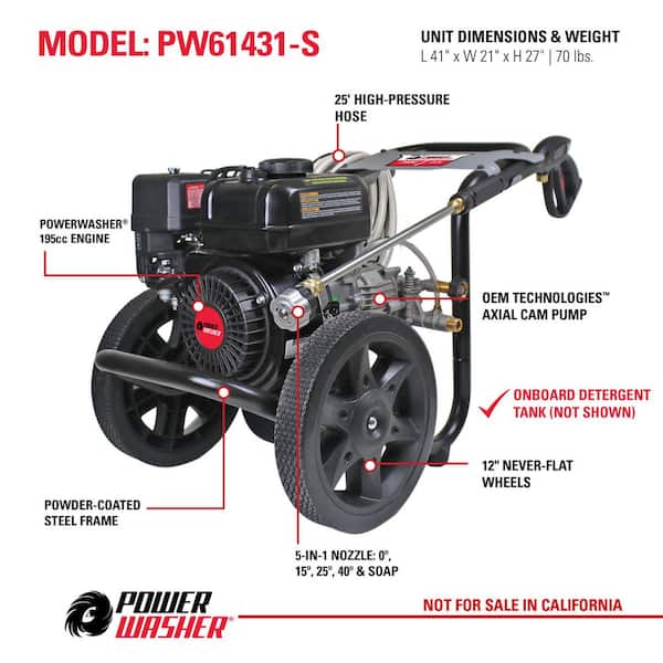 3400 PSI 2.5 GPM Cold Water Gas Pressure Washer with 195cc Engine and Soap Tank