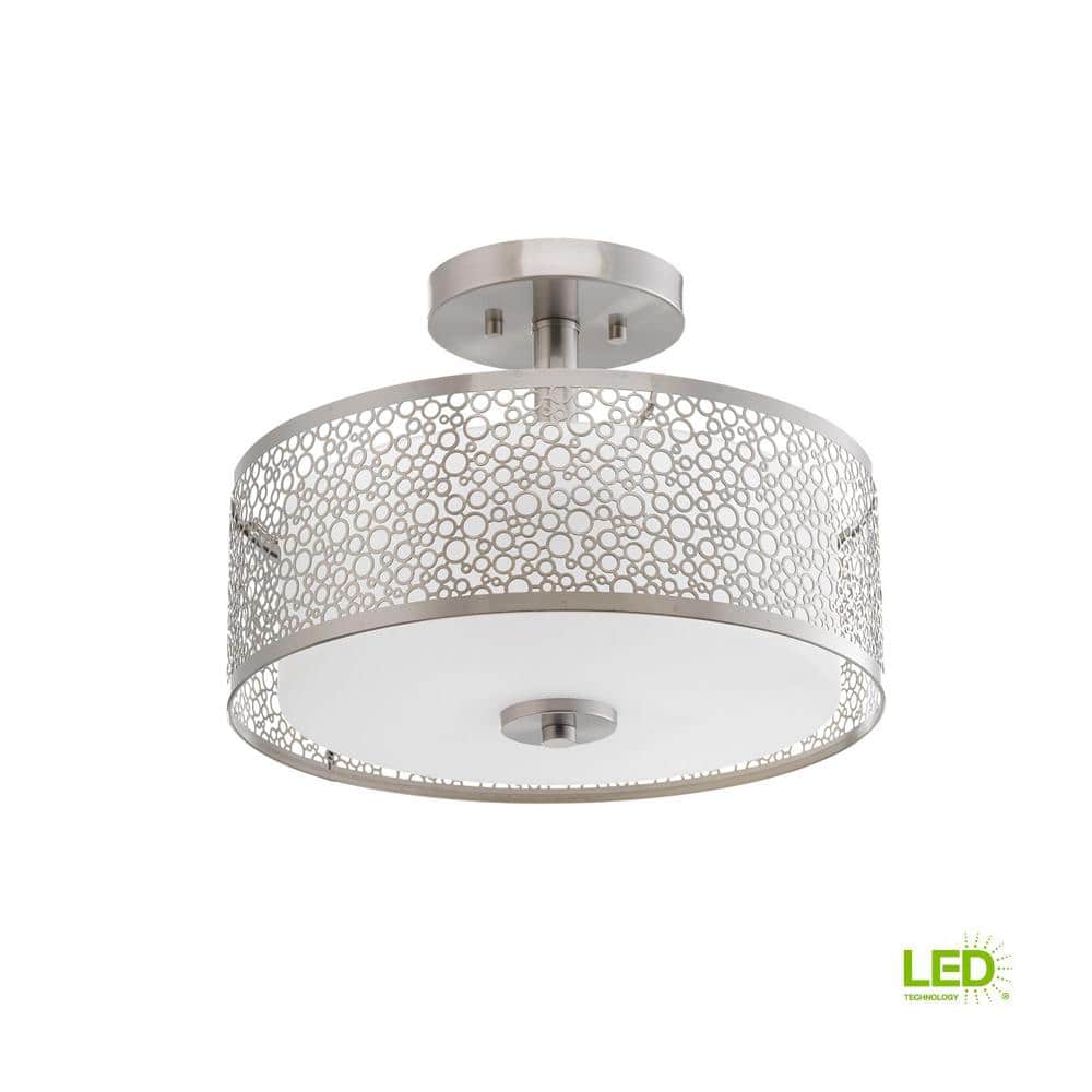Brushed Nickel LED Semi-Flush Drum Light with Etched Glass
