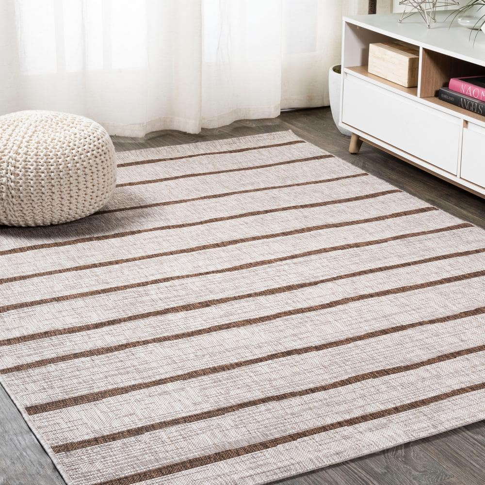 Beige and Brown Synthetic Rectangular Indoor/Outdoor Area Rug