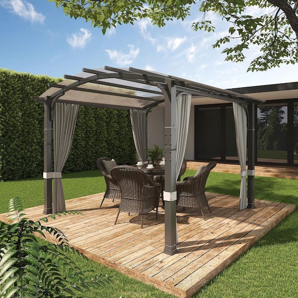 10 ft. x 10 ft. Galvanized Steel Patio Arched Pergola with Gray Shade Canopy and Curtain