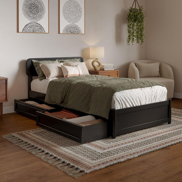 Capri Black Wood Frame Twin XL Platform Bed with Panel Footboard and Storage Drawers