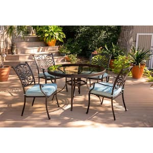 Seasons 5-Piece Aluminum Outdoor Dining Set with Blue Cushions with 48 in. Glass-Top Table