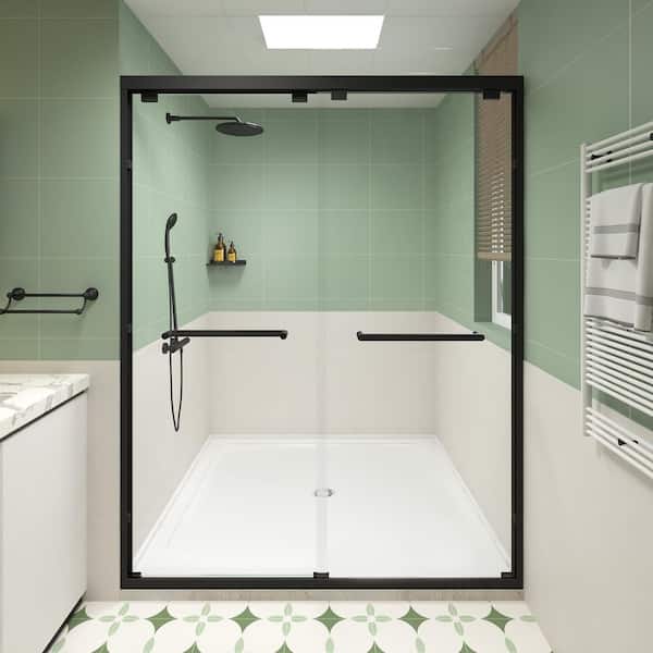 60 in. W x 76 in. H Sliding Framed Shower Door in Matte Black with 1/4 in. (6mm) Tempered Glass
