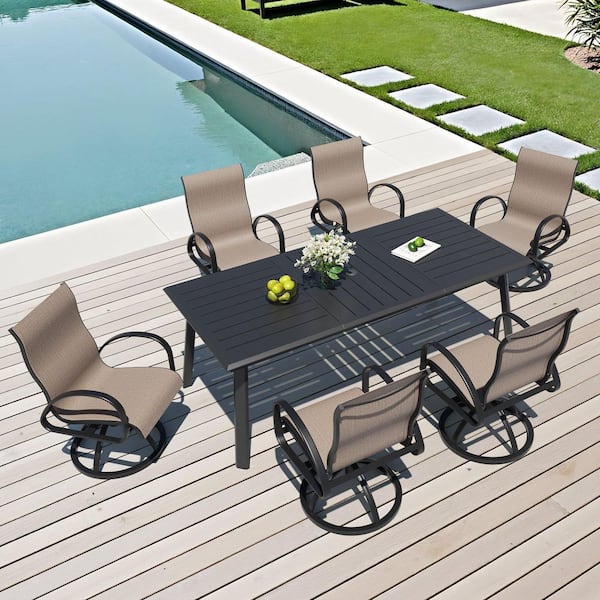 Ashe 7-Piece Rectangular Aluminum 82.7 in. Outdoor Dining Table with Umbrella Hole and Armchair