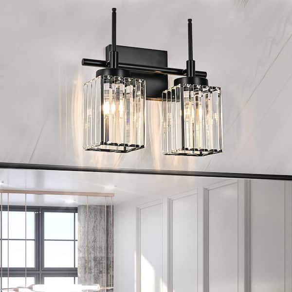 EDISLIVE Orillia 12.2 in. 2-Light Modern Industrial Black Bathroom Vanity Light with Crystal Square Shades