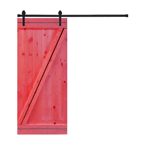 AIOPOP HOME Modern Z Style Series 36 in. x 84 in. Scarlet Red stained Knotty Pine Wood DIY Sliding Barn Door with Hardware Kit