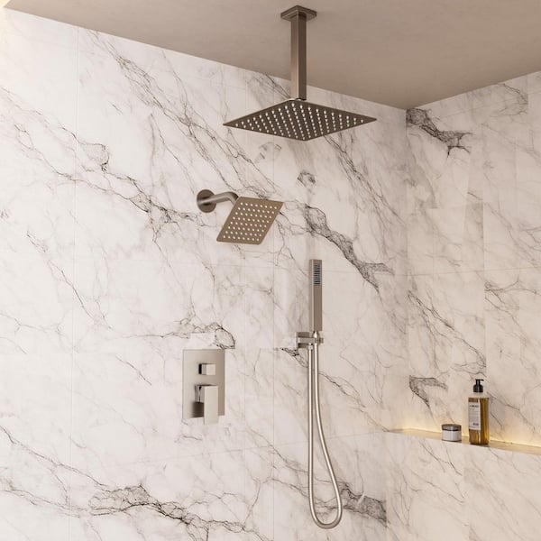Crozet 1-Handle 3-Spray Ceiling Mount Dual Shower Head Handheld Shower Head 2.5 GPM in Brushed Nickel (Valve Included)