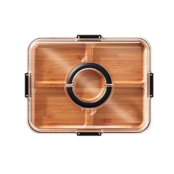 14.4 in. Charcuterie Board with Clear Lid, Cutting Board with 5 Compartments, Portable Snack Tray for Kitchen and Travel