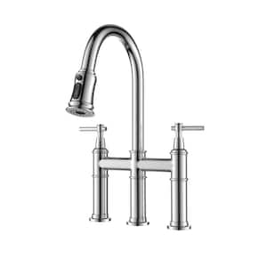 Double Handles Gooseneck Pull Down Sprayer Kitchen Faucet in Polished Chrome Widespread Bridge Faucets for 3-Hole