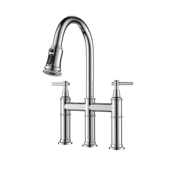 Double Handles Gooseneck Pull Down Sprayer Kitchen Faucet in Polished Chrome Widespread Bridge Faucets for 3-Hole