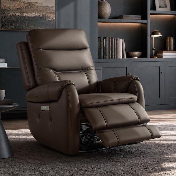 Sera 33.46 in. Rectangle Brown Grain Leather Swivel Glider Recliner Sofa with Power Headrest, USB-C Charging, Rolled Arm