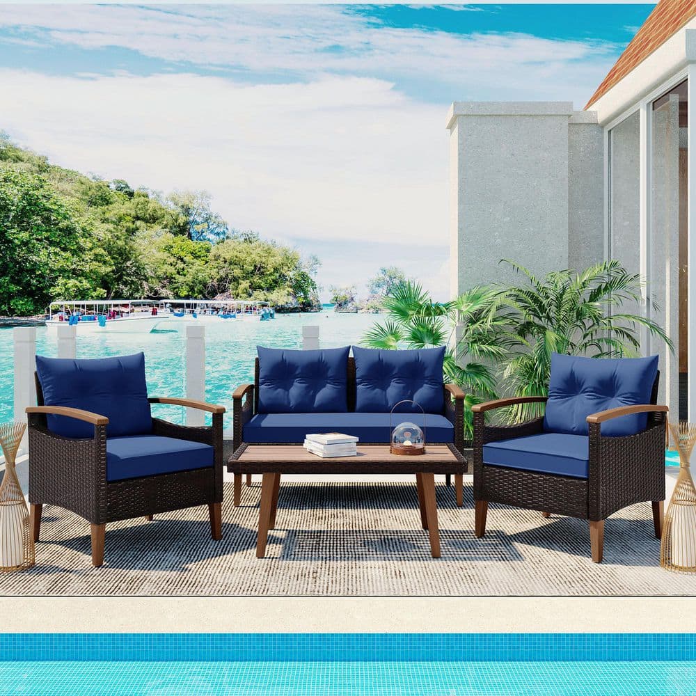 4-Piece Brown Wood Outdoor Sectional Set, Patio PE Rattan Outdoor
