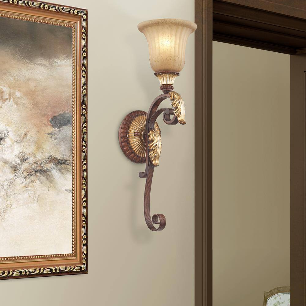 Verona Bronze and Gold Leaf Rustic Art Glass Sconce