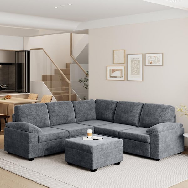 Harper & Bright Designs 84 in. Pillow Top Arm 6 Seat L-Shape Velvet Upholstered Sectional Sofa in Gray with Moveable Ottoman