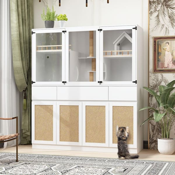 FUFU&GAGA 2-in-1 Storage Cabinet and Cat Litter Box Enclosure Cat Bed with Scratching Pad, Large Cat House with 3 Drawers, White