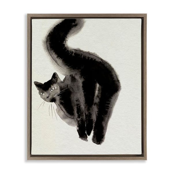 Stupell Industries Fun Black Cat Behind by Melissa Wang Brown Floater Frame Animal Graphic Art Print 31 in. x 25 in.