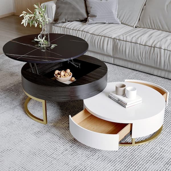 31 in. Black Round Sintered Stone Top Nesting Coffee Table, End Table, Center Table with Lift Top, 2 Storage Drawers