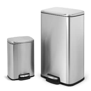 8 Gal/30-Liter and 1.3 Gal/5-Liter Fingerprint Free Stainless Steel Kitchen & Bathroom Rectangular Step-on Trash Can Set