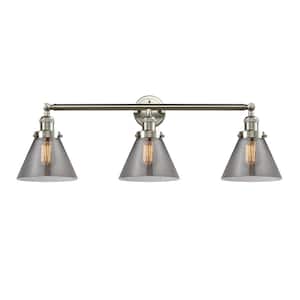 Cone 32 in. 3-Light Brushed Satin Nickel Vanity Light with Plated Smoke Glass Shade