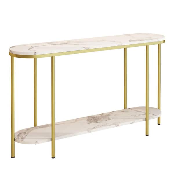 Karl home 42.13 in. White and Golden Oval MDF Console Table with Shelf