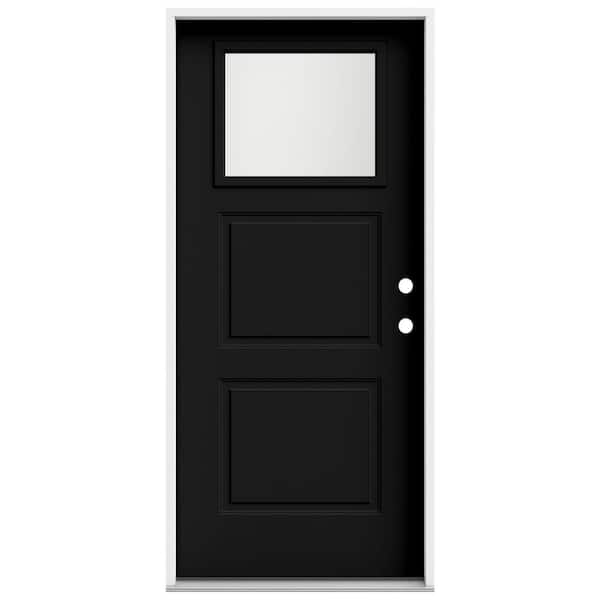 JELD-WEN 36 in. x 80 in. 2 Panel Left-Hand/Inswing 1/4 Lite Frosted Glass Black Steel Prehung Front Door