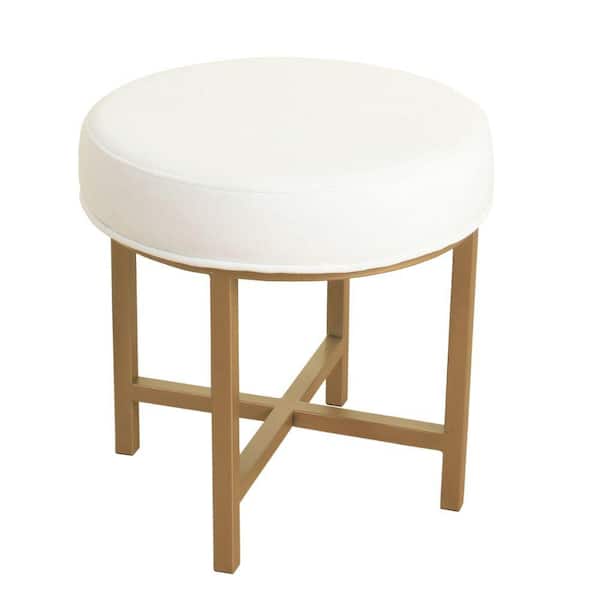 Benjara 19 in. H White and Gold Round Shape Metal Framed Stool with Velvet Upholstered Seat